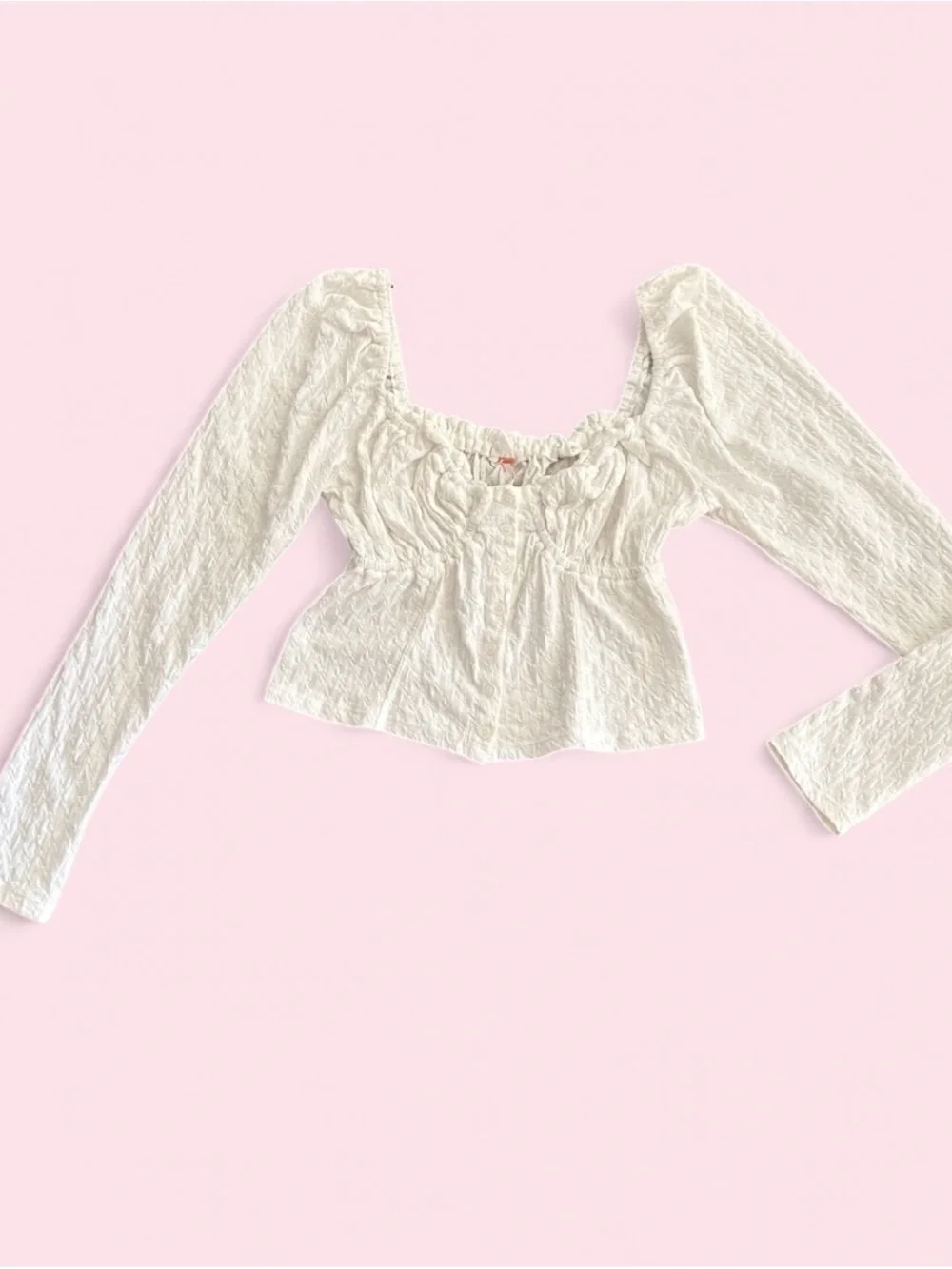Free People Ladybug Milkmaid White Textured Long-Sleeve Crop Top - Large